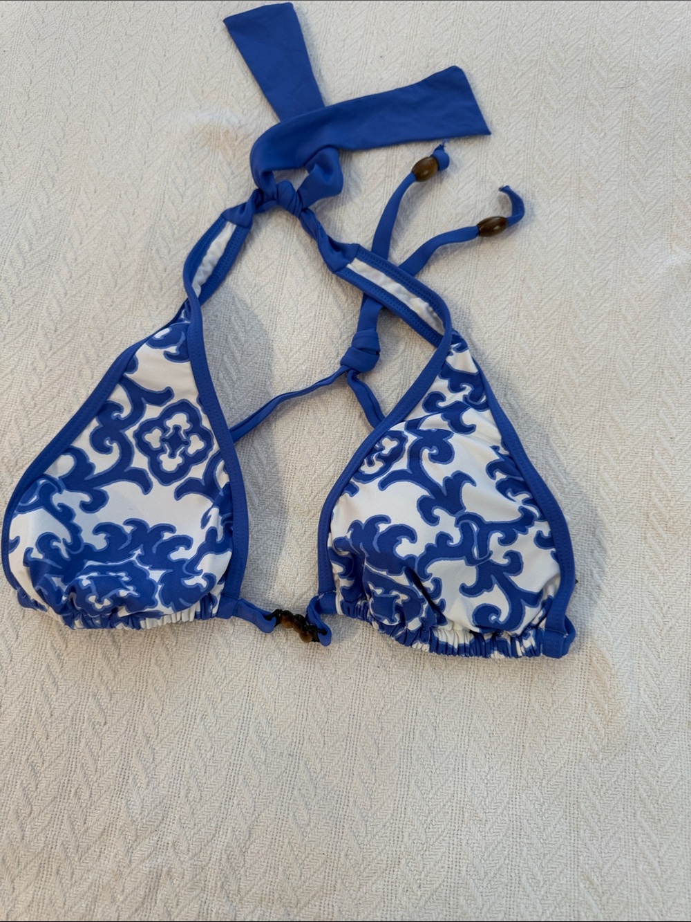 Tommy Bahama Blue and White Patterned Triangle Bikini Top